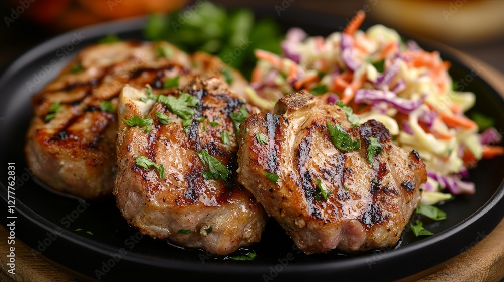 Grilled meat served with coleslaw on a black plate, showcasing a delicious meal. Grilled meat served with coleslaw on a black plate, showcasing a delicious meal.
