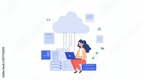 A person using a laptop to upload data to a cloud server, illustrating cloud computing, file sharing, and digital data transfer