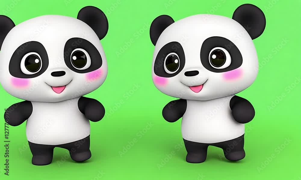 Two adorable cartoon pandas happily dancing against a vibrant green background, perfect for children's content Two adorable cartoon pandas happily dancing against a vibrant green background, perfect for children's content