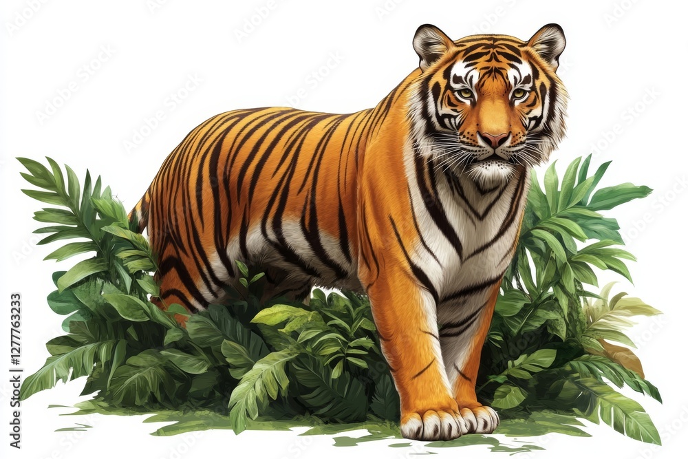 Obraz premium Majestic Bengal Tiger in Lush Tropical Foliage Wild Animal Wildlife Scene