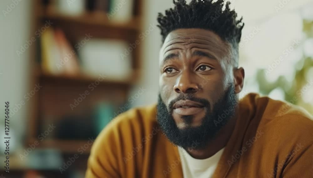 A Thoughtful Man with a Thick Beard in a Cozy Interior Setting Engaged in Deep Reflection, Showcasing Curly Hair and Warm Tones A Thoughtful Man with a Thick Beard in a Cozy Interior Setting Engaged in Deep Reflection, Showcasing Curly Hair and Warm Tones
