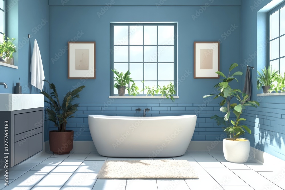 Fototapeta premium Serene Blue Bathroom Interior Design with Freestanding Tub Plants and Framed Art