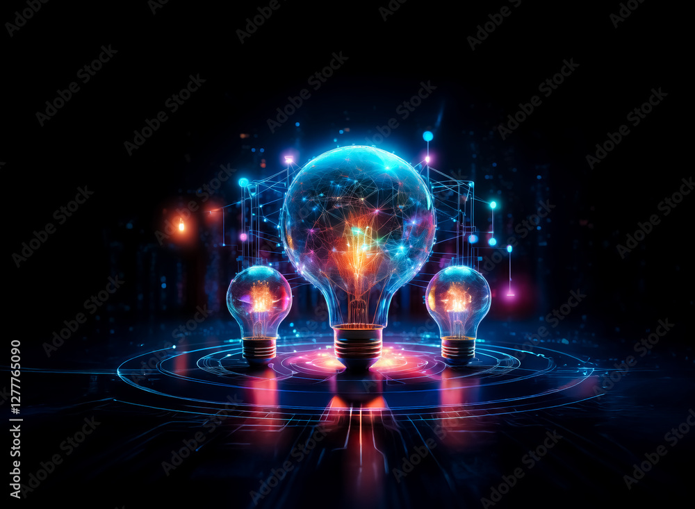 custom made wallpaper toronto digitalIlluminated lightbulbs shine in the darkness, filled with vibrant abstract lights. Futuristic and technological, representing ideas and innovation.