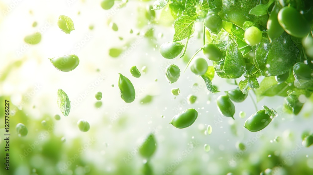 Fototapeta premium Fresh green peas falling, vibrant background, healthy food concept