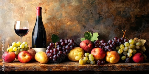 Fototapeta Naklejka Na Ścianę i Meble -  A classic still-life painting of fruits and a wine bottle