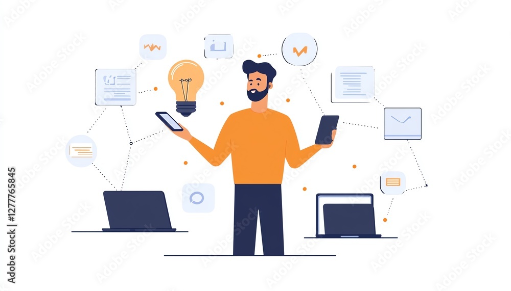 Business network technology with a man holding a lightbulb and smartphone, surrounded by laptops and a connected computer network, symbolizing digital solutions Business network technology with a man holding a lightbulb and smartphone, surrounded by laptops and a connected computer network, symbolizing digital solutions