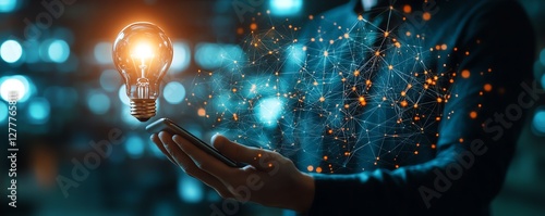 Business network technology visualized with a man holding a lightbulb and smartphone, laptops, and a dynamic computer network representing innovation