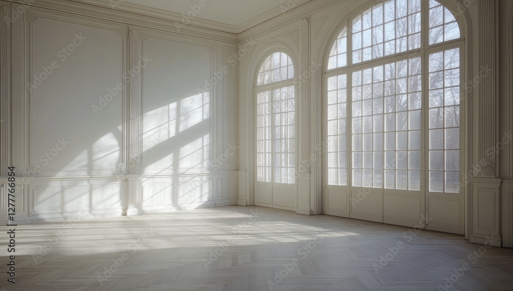 Sunlit empty mansion room, arched windows, winter trees, interior design Sunlit empty mansion room, arched windows, winter trees, interior design