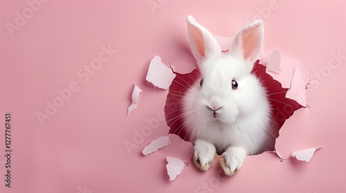 A white fluffy bunny poking its head through a torn pink paper background photo