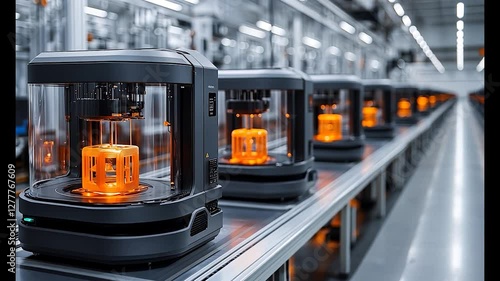Modern 3D printing factory with multiple printers creating orange objects
