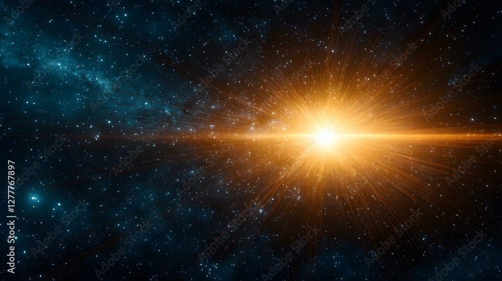 A brilliant, golden light bursts forth from the center of the image, its rays stretching across a dark expanse speckled with distant stars and nebulas. A brilliant, golden light bursts forth from the center of the image, its rays stretching across a dark expanse speckled with distant stars and nebulas.