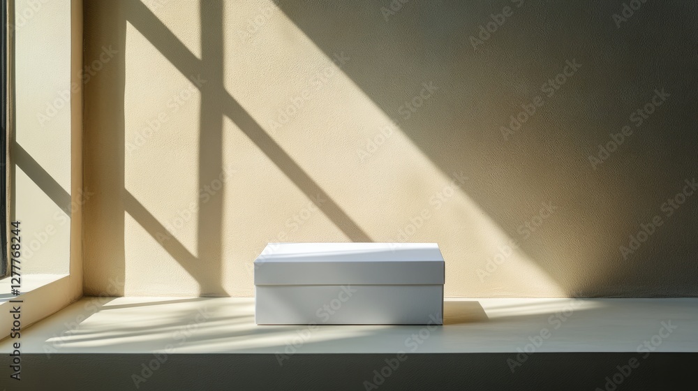 Fototapeta premium A simple, blank gift box on a minimalistic surface, focusing on clean lines, soft shadows, and modern design