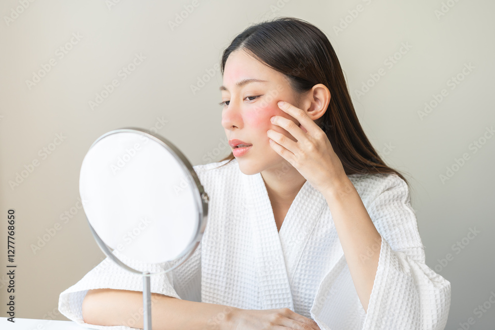 Dermatology, scratch asian young woman looking at mirror, expression worry and itch, itchy allergy or allergic sensitive reaction, red spot or rash on her face. Beauty care from skin problem treatment Dermatology, scratch asian young woman looking at mirror, expression worry and itch, itchy allergy or allergic sensitive reaction, red spot or rash on her face. Beauty care from skin problem treatment
