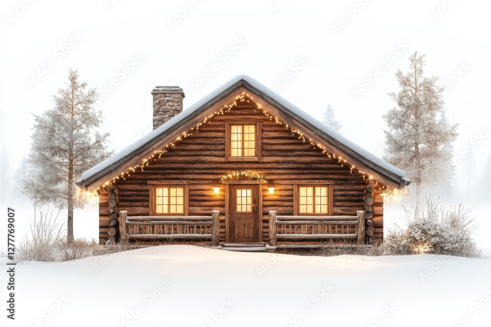 Cozy Wooden Cabin in Snowy Winter Wonderland with Christmas Lights Cozy Wooden Cabin in Snowy Winter Wonderland with Christmas Lights