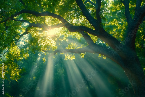 Sunbeams through lush forest canopy