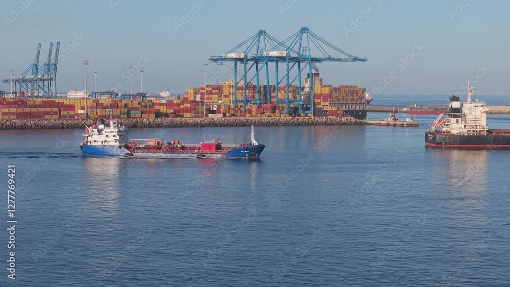 Aerial view during sunset over a transport ship moving away from the port and the unloading dock and oil tanker can be seen. In the city of Las Palmas, port of La Luz, Gran Canaria. Aerial view during sunset over a transport ship moving away from the port and the unloading dock and oil tanker can be seen. In the city of Las Palmas, port of La Luz, Gran Canaria.