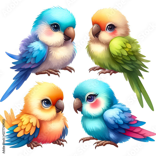 Watercolor Clipart of a colorful cute baby parrot. Watercolor clipart illustration isolated on a white background