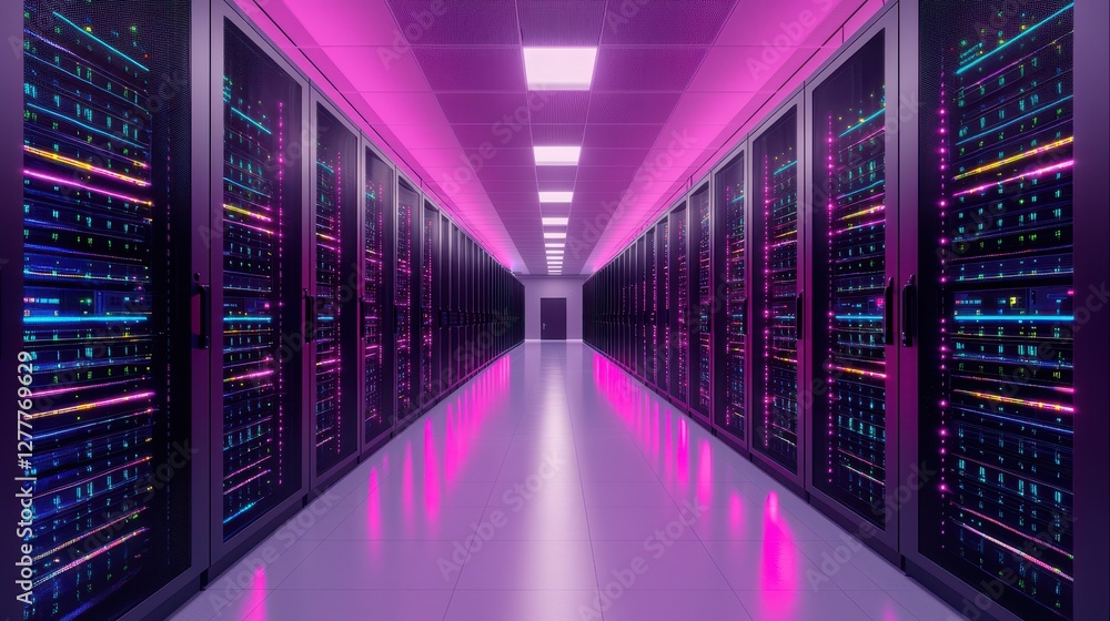 A futuristic data center corridor with rows of servers illuminated by vibrant pink and blue lights. A futuristic data center corridor with rows of servers illuminated by vibrant pink and blue lights.