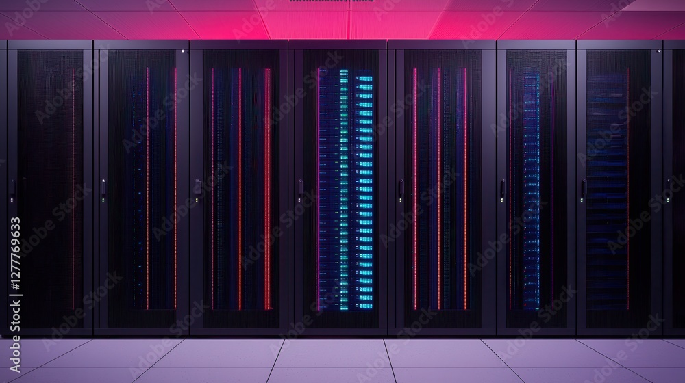 Fototapeta premium A row of sleek data servers illuminated with vibrant lights, showcasing advanced technology in a modern data center.