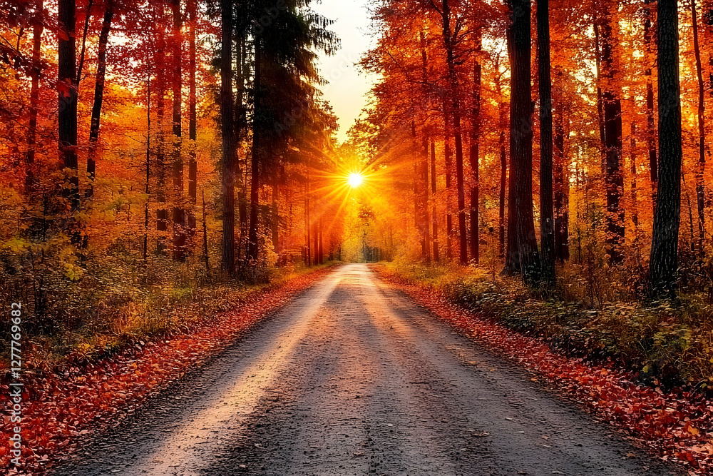 Fototapeta premium Autumn road sunset forest path fall leaves