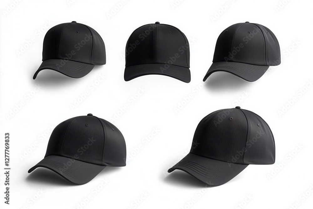 collection of premium black baseball caps from multiple angles on clean white background professional product photography collection of premium black baseball caps from multiple angles on clean white background professional product photography
