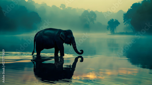 Majestic elephant walking through misty lake at dawn nature photography tranquil scene