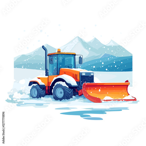 Snowplow tractor clearing snow in winter landscape  