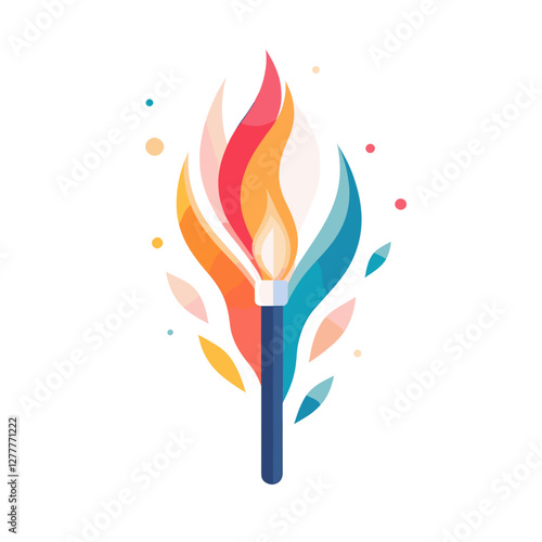 Colorful torch illustration with flames and decorative leaves  