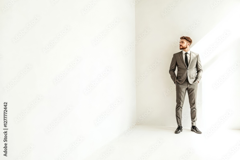 A confident businessman standing in an office space in front of a wall and door, wearing a suit and tie, smiling with a professional and successful appearance A confident businessman standing in an office space in front of a wall and door, wearing a suit and tie, smiling with a professional and successful appearance
