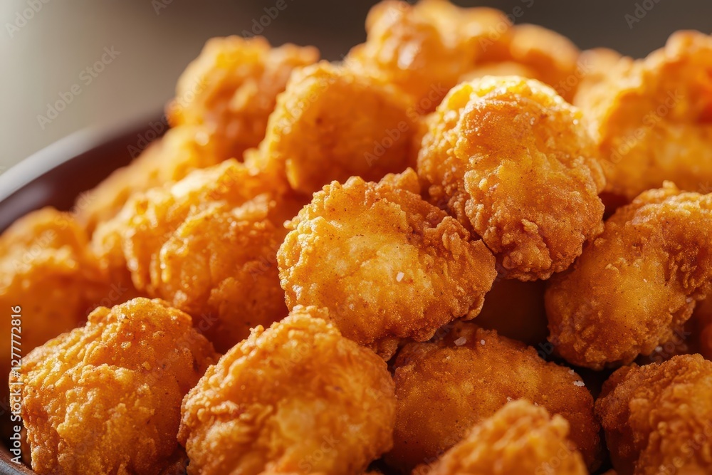 crispy golden popcorn chicken pieces arranged artistically warm lighting macro detail of perfectly fried texture crispy golden popcorn chicken pieces arranged artistically warm lighting macro detail of perfectly fried texture