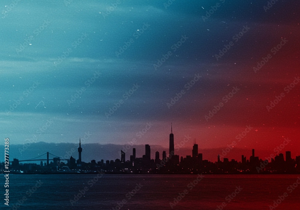 Urban design element: city skyline silhouette in black, set against a striking, horizontally-oriented gradient sky Urban design element: city skyline silhouette in black, set against a striking, horizontally-oriented gradient sky