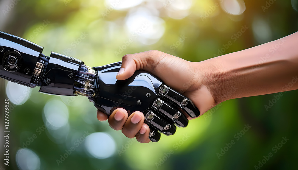 A close-up of a human hand shaking hands with a robotic hand, symbolizing collaboration between humans and AI A close-up of a human hand shaking hands with a robotic hand, symbolizing collaboration between humans and AI