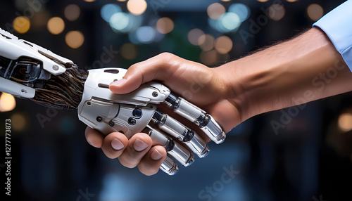 A close-up of a human hand shaking hands with a robotic hand, symbolizing collaboration between humans and AI