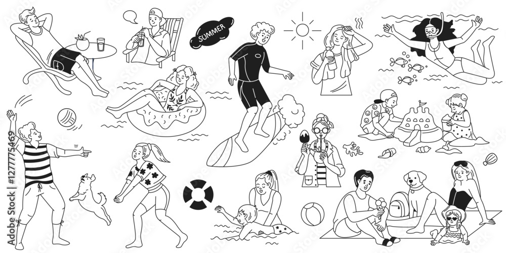 Obraz premium Minimalistic black and white doodle illustration of summer vacation at the beach, featuring people surfing, relaxing, and playing in a playful and cheerful style.