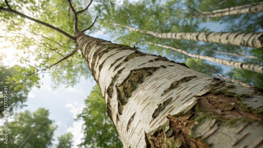 Fototapeta premium tall birch tree reaching towards sky, surrounded by lush greenery
