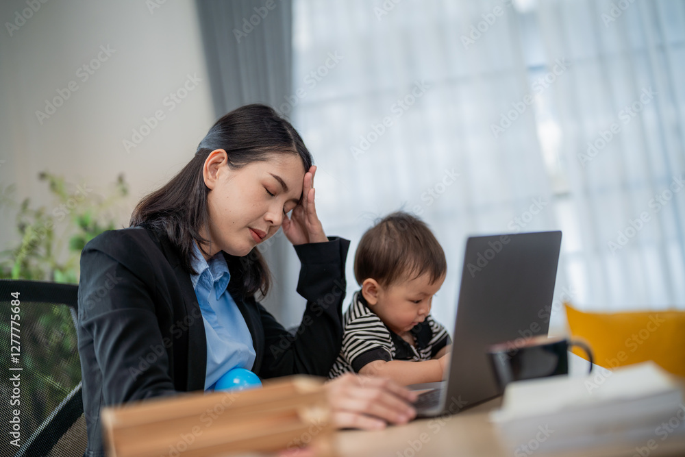 Busy mother struggles to balance work and childcare at home during the day Busy mother struggles to balance work and childcare at home during the day