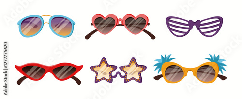 Collection of trendy sunglasses in different shapes, colors, and styles. A diverse set of eyewear featuring classic, modern, and novelty designs.