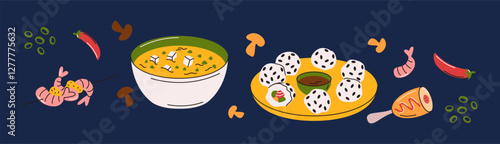 Illustration of a flavorful bowl of spicy miso soup paired with sesame-covered rice balls, surrounded by fresh ingredients, drawn in a colorful modern vector style.