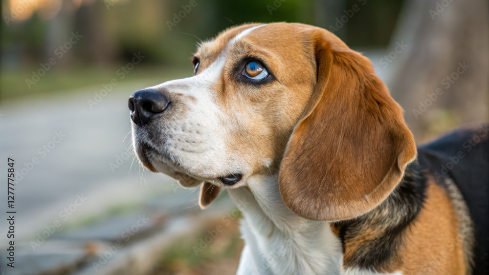 Beagle dog with expressive eyes looking up in natural setting Beagle dog with expressive eyes looking up in natural setting
