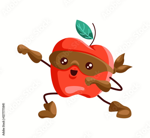 Vibrant red apple superhero in a brown mask, gloves, and a confident pose. Cute and dynamic fruit character, ideal for healthy eating promotions, children's content, and creative illustrations.