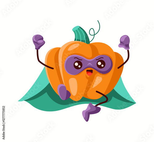 Funny cartoon pumpkin character in superhero costume with purple mask and green cape. Cute vegetable hero flying with confident expression, ready for adventure.