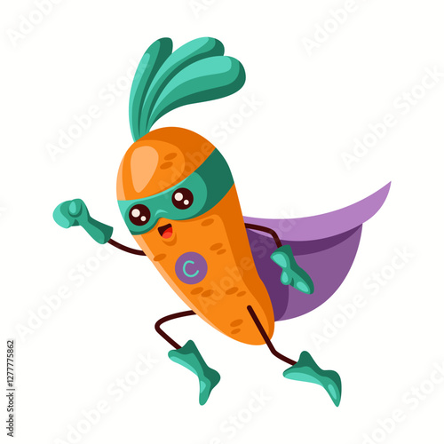 Energetic carrot superhero with a green mask and purple cape, running forward. A cheerful and lively vegetable character perfect for kids' illustrations and healthy food branding.