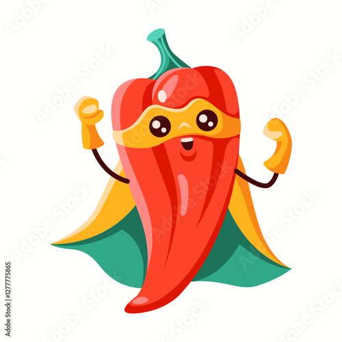 Red bell pepper superhero wearing a yellow mask and green cape, flexing muscles. A dynamic and playful character representing strength, energy, and fun.