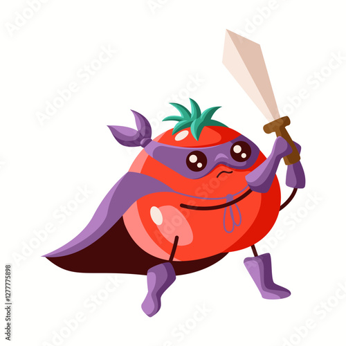Determined tomato superhero holding a sword, dressed in a purple cape and mask. A fearless and adventurous vegetable character promoting action, fun, and creativity.