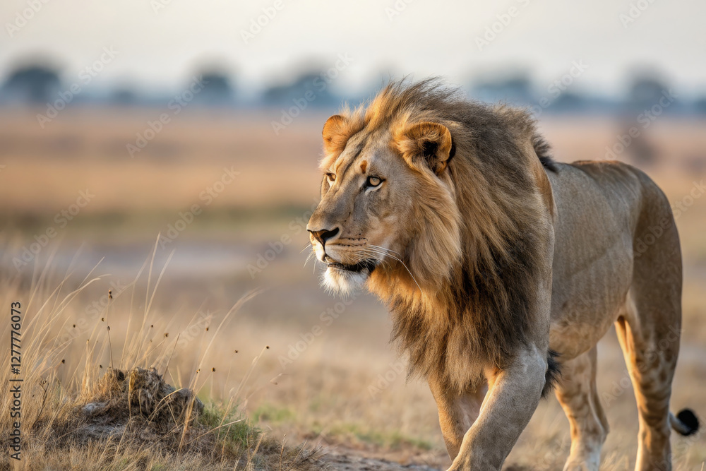 Majestic lion walking in golden grassland, showcasing wildlife beauty Majestic lion walking in golden grassland, showcasing wildlife beauty