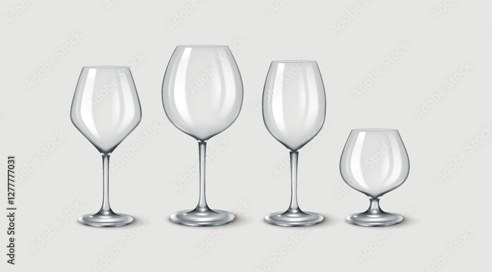 3D realistic illustration of a set of luxury wine glasses featuring modern design. Suitable for elegant dining, wine tastings, and fine restaurants. 3D realistic illustration of a set of luxury wine glasses featuring modern design. Suitable for elegant dining, wine tastings, and fine restaurants.
