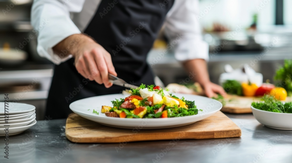 Chef in black apron carefully plating a fresh gourmet salad with colorful ingredients in a professional kitchen, showcasing culinary art Chef in black apron carefully plating a fresh gourmet salad with colorful ingredients in a professional kitchen, showcasing culinary art