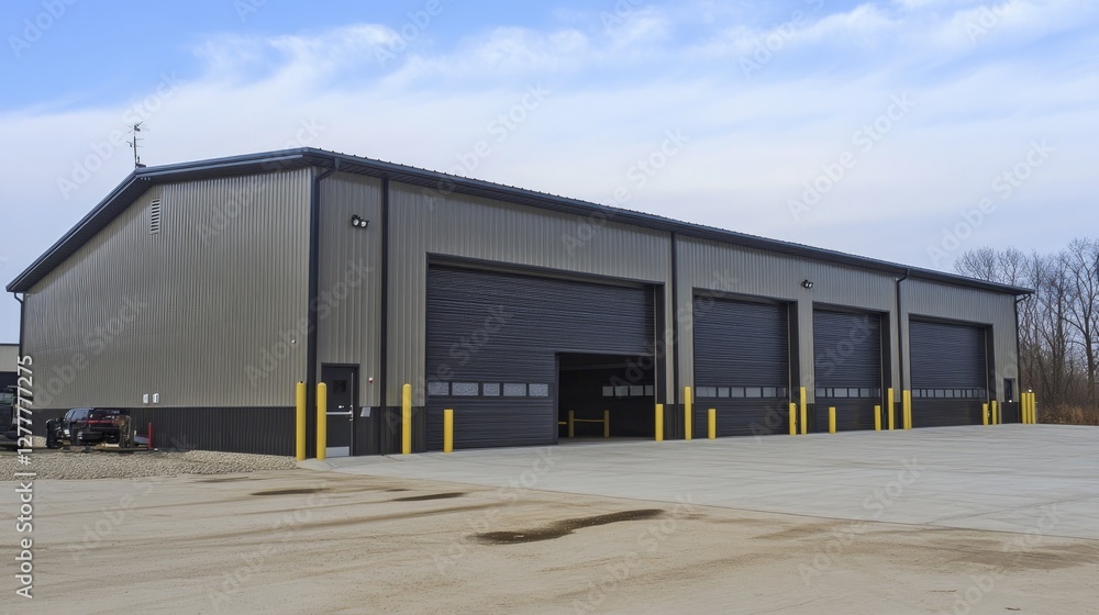 New Modern Industrial Garage Building with Five Large Doors New Modern Industrial Garage Building with Five Large Doors