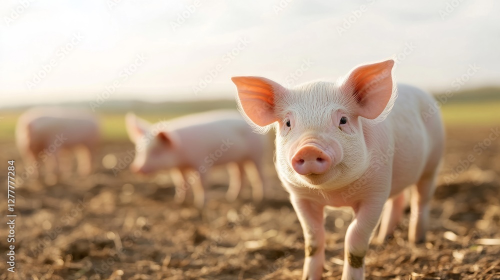 A curious piglet stands in a sunlit farm field, with other young pigs in the background. The natural lighting highlights its soft pink fur A curious piglet stands in a sunlit farm field, with other young pigs in the background. The natural lighting highlights its soft pink fur