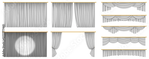 3D realistic illustration of white elegant theater curtains, designed for ceremonial and performance settings, providing a bright and refined backdrop.